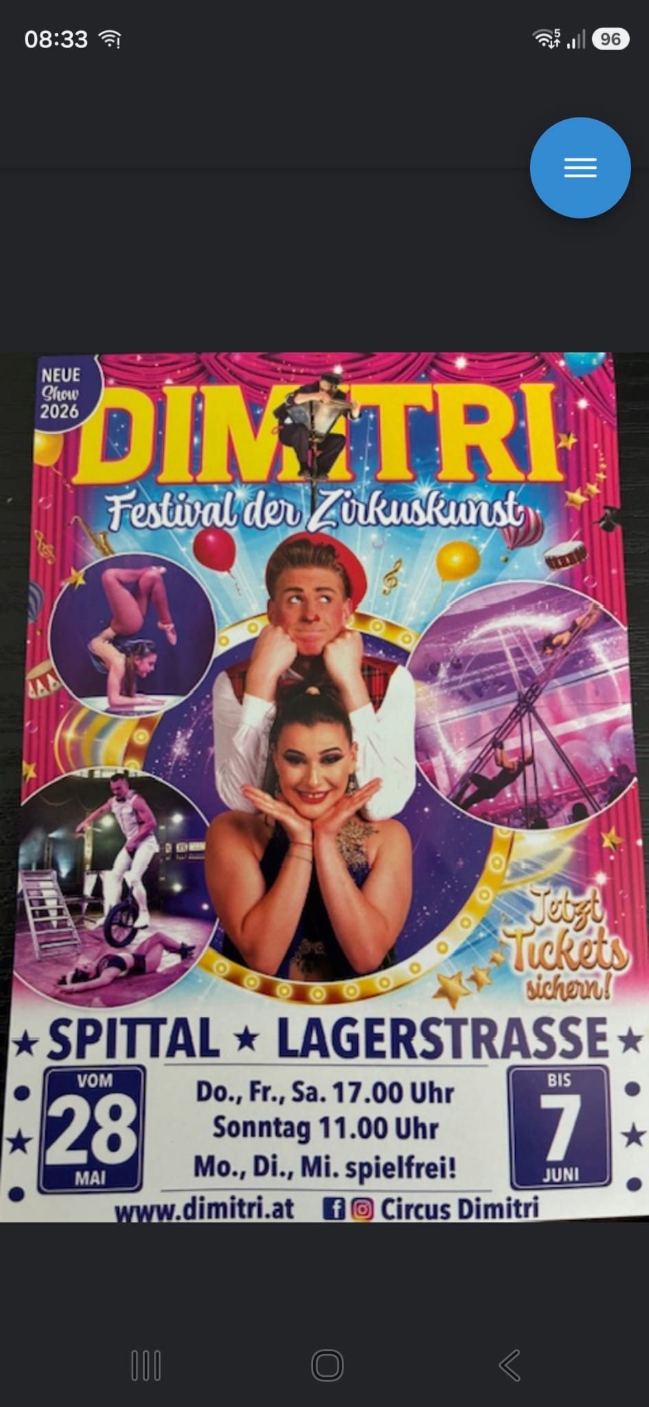 Buntes Werbeplakat für „DIMITRI – Festival der Zirkuskunst“. In der Mitte zwei Artisten, rundherum Bilder von Akrobatik, Luftartistik und Einrad-Kunststücken. Veranstaltungsort ist Spittal, Lagerstraße. Vorstellungen: Donnerstag bis Samstag um 17 Uhr, Sonntag um 11 Uhr, Montag bis Mittwoch spielfrei. Zeitraum: 28. Mai bis 7. Juni 2026.