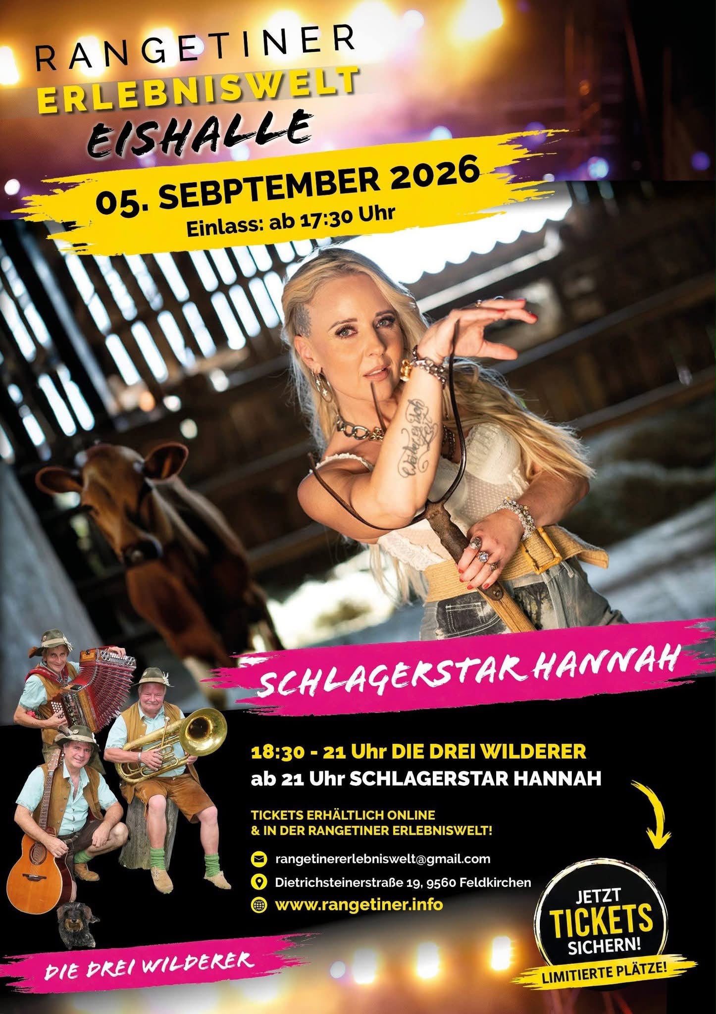 Werbeplakat mit Schlagerstar Hannah und der Musikgruppe Die Drei Wilderer.