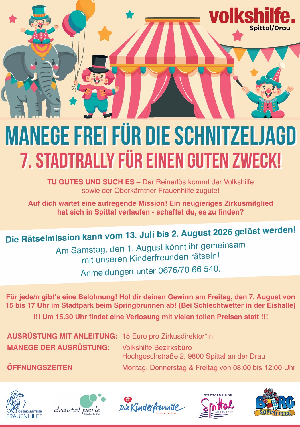 Veranstaltungsplakat der Volkshilfe Spittal/Drau zur 7. Stadtrallye für einen guten Zweck. Die Rätselrallye findet vom 13. Juli bis 2. August 2026 in Spittal an der Drau statt und unterstützt die Volkshilfe sowie die Oberkärntner Frauenhilfe.